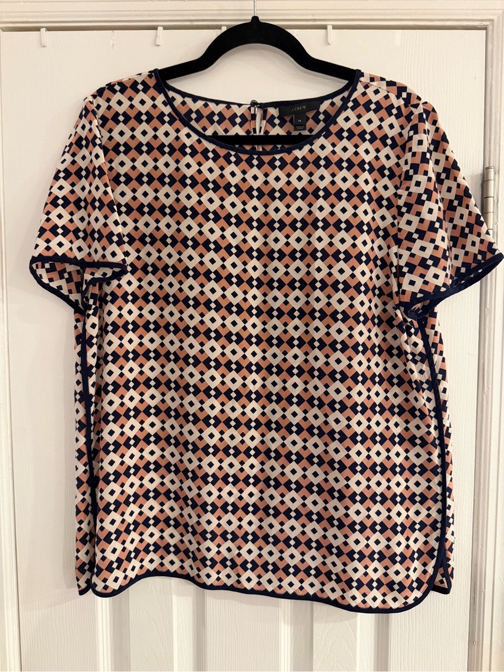 J. Crew Brown & Navy 100% Silk Geometric Short-Sleeve Blouse